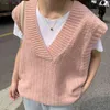 V-neck stickade kvinnor tröja väst ärmlös mode lösa solida pullover toppar koreanska casual kvinnliga jumpers 210513