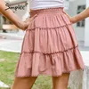 Ruffled Solid women a-line mini summer Elastic high waist bud skirts female Holiday fashion skirt lace up ladies 210414