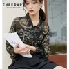 Vintage Gold Wash Chiffon Korean Blouse Long Sleeve Black Button Up Shirt Women Sheer Top Letter Print See Through 210427