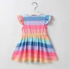 2020 New Girls Fashion Dress Colorful Color Rainbow Striped Children's Wear Short Sleeve Cotton Dress INS Style Apparel Q0716