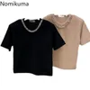 Nomikuma Coréen Chic T-shirt Femmes Solide Couleur Basic Tops Chaîne Décoration O Cou À Manches Courtes Tout-Match Tshirt Camisetas 210514