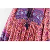 Bohemia Lacing up v neck Location Floral print Dress Ethnic Woman Patchwork Long Sleeve Tassel Mid Strappy Dresses 210429