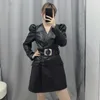 Chic Tie Belt Black leather Dress Fashion Women V-Neck Dresses Elegant Ladies Pockets Long Sleeve Mini 210531