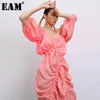 [EAM] Vrouwen geplooide steek asymmetrisch big size jurk v-hals halve mouw losse fit mode lente zomer 1T917 210512