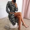 Leopard Print V-neck High Waist Lace Up Irregular Dress Bodycon Maxi Sexy Women Long Sleeve 210521