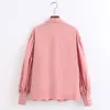 Vrouwen ruches shirt lente mode lange mouw zachte poplin roze tops moderne dame losse blouse 210602