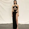 Casual Dresses Fashion Black Halter Cut Out Hight Waist Split Long Dress Women Club Party Sexy Backless Maxi Clothes2100