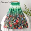 Surmiitro mode sommar midi lång kjol kvinnor koreansk stil grön blommig tryck mitt längd hög midja kjol kvinna 210712