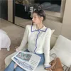 Korobov höst outwear tunna kvinnor cardigans koreanska nya chic nedbrytning krage slå färg patchwork sweaters kort tröja 210430