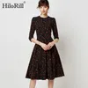 Vintage Dot Print Pleated Dress Women A Line Elegant Party Ladies Casual O Neck Three Quarter Sleeve Midi es 210508