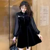 Feminino Primavera Outono vestido coreano lace lanterna manga preta comprida curta feminina base es qx871 210507