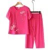 Home Mom Nightie Linen Cotton Female Colorful Set Of Two Fashion Pieces Short Sleeve Casual Brief Loose Women Pajama Big Size 210809