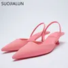 Suojialun 새로운 브랜드 여성 샌들 신발 얇은 낮은 뒤꿈치 4cm 펌프 드레스 신발 숙녀 패션 뾰족한 발가락 얕은 슬 링백 노새 K78