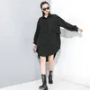 [EAM] Женщины черный нерегулярный большой размер длинного платья отворота с длинным рукавом свободный подходящий мода весна осень 1DD2333 21512
