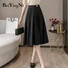Elegante geplooide vrouwen rok midi effen kleur werk dragen vintage mode hoge taille rokken casual zwart jupe femme 210506