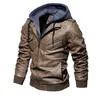 Casual motocicleta pu jaqueta homens inverno outono moda jaquetas de couro masculino magro removível com capuz outwear roupas velo 211008