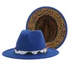 Kadınlar için Geniş Ağız Şapkalar Fedoras Şapka Leopar Patchwork Panama Kış Erkekler Kemer Vintage Kovboy Caz Caps Sombreros de Mujer