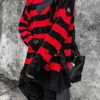 Black Red Striped Sweaters Washed Destroyed Ripped Sweater Men Hole Knit Jumpers Men Women Oversized Sweater Harajuku 211102