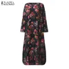 ZANZEA Mujeres Maxi Vestido largo 2021 Vintage Vestidos de estampado floral Bolsillos de manga larga Casual Vestidos sueltos Tallas grandes Bohemia Robe X0521