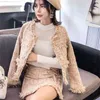 Elegant Women Tweed Dois Peça e Ouro Botão Saia Saia Inverno Manga Longa Fringed Tassel Woolen Jacket Set 210416