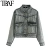 TRAF Women Fashion Acid Wash Cropped Denim Jacket Coat Vintage Long Sleeve Pockets Female Outerwear Chic Tops 210415