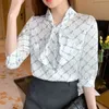 Camisa feminina clássico chiffon blusa feminino plus size solto meia manga amarrar uma senhora senhora estilo simples tops roupas 210507