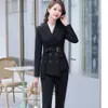 Asymmetric Size S-5XL Women Pant Suit With Belt Red White Black Two Pieces Set Triple Breasted Blazer For Winter 210930