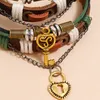 Heart Key Lock Gold Charm Bracelet String Adjustable Multi Layer Wrap Leather Couple Bracelets Wristband Bangle Cuff for Women Men Fashion Jewelry Set Will and Sandy