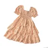 2021ベビーサマー服子供女の子ファッション半袖花弾性ドレススタイリッシュなスクエアカラー花のドレス子供の女の子Q0716