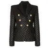 Kvalitet Snygg Designer Blazer Women's Lion Knappar Grid Bomull Padded Slim Montering Syntetisk Läder Jacka Kassar Blazers