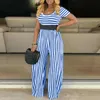 Women's Jumpsuits & Rompers Black White Striped Printed High Waist For Women Casual O-Neck Short Sleeve Loose Long Fashion England Style