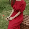 Lato Dziewczyny Sukienka Kobiety Bawełniana Pościel Dorywczo Krótki Rękaw ES Kobiet Vintage Solidna Red Sukienka Szata Femme Vestido 210423