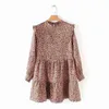 women vintage pleated ruffles leopard print mini dress female o neck long sleeve casual vestidos chic sweet dresses DS1946 210420