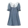 Zomer denim mini jurken vrouwen mode kant patchwork O-hals vintage elegante bandage vrouwelijke blauwe A-lijn korte 210515