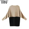 TRAF Women Fashion Patchwork Loose Knitted Sweater Vintage V Neck Batwing Sleeve Female Pullovers Chic Tops 210415