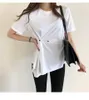 Korejpaa Dames T-shirt Zomer Korea Chic All-match Haze Blue Ronde hals Verstelbare gesp Taille Design Onregelmatige Pullovers 210526