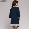 AIZHIXI Pizzo Abito dritto manica 3/4 Autunno girocollo Casual Mini abiti da donna Blu scuro Elegante Office Lady Workwear 210331