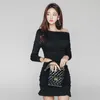 Uma peça de ombro Senhoras Vestido Coréia para Mulheres Outono Manga Longa Assimetria Pescoço Linho Sexy Fahsion Vestidos 210602