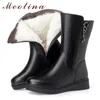 Meotina Crystal Real Wool Fur Platform Wedge Heels Mid Calf Boots Real Läder Kvinnor Skor Zipper Mid Heel Warm Boots Kvinna 43 210520