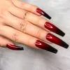 24 ADET Fransız Kırmızı Ombre Nails Balerin Uzun Tabut Sahte Tırnak Tırnakları Üzerinde Finger Press Kadınlar ve Kızlar için Yanlış İpuçları Manikür