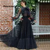 Black Evening Dresses 3D Flowers Party Gown Dot Chiffon Puff Sleeves Formell Prom Dress Vestido de Festa