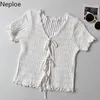 Neploeトリミングニット女性シャツ夏Vネック半袖ティーカーディガン韓国レースアップフリルTシャツトップス女性210422