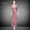 Vintage Kobiety Jesień Rękaw Elegancki Party Z Pasem Runway Retro Pink Sexy Maxi Long Velvet Dress 210415