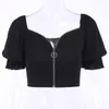 Gothblack Sexy Streetwear Slim Backless Crop Tops Gothic Women Square Collar Puff Sleeve Splice Zip Short T-shirt Tops T200613