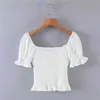 Été Casual Col V-Col Blanc Crop Top Femmes Vintage Volants Manches Bouffantes Blouses Serrées Mode Femme Chemises 210508