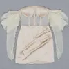 Mini abito da festa estivo femminile color cachi senza spalline sexy con maniche a sbuffo in pizzo drappeggiato di design 210525