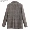 Kobiety Vintage Plaid Drukuj Chic Business Blaazer Biuro Damskie Dwuśnione Piersi Casual Slim Outwear Garnitur Topy CT639 210416