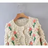 women hand made floral warm cardigan winter fashion ladies o-neck puff sleeve button sweater vintage female preppy style 210521