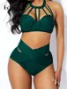 Echoine Kobiet Solidne Seksowne Bikini Zestaw Koronki Up Halter Crop Topy High Waist Majtki Pasujące Dwuczęściowe Stroje Plaża Swimsuit X0522