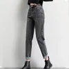 Vintage szary wysoki talia kobiety jesień moda luźne denim dżinsy kieszenie przycisk harem spodnie spodnie 10594 210417